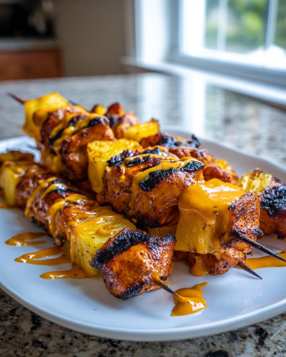 Close-up of grilled chipotle pineapple bang bang chicken skewers drizzled with sauce on a white plate.