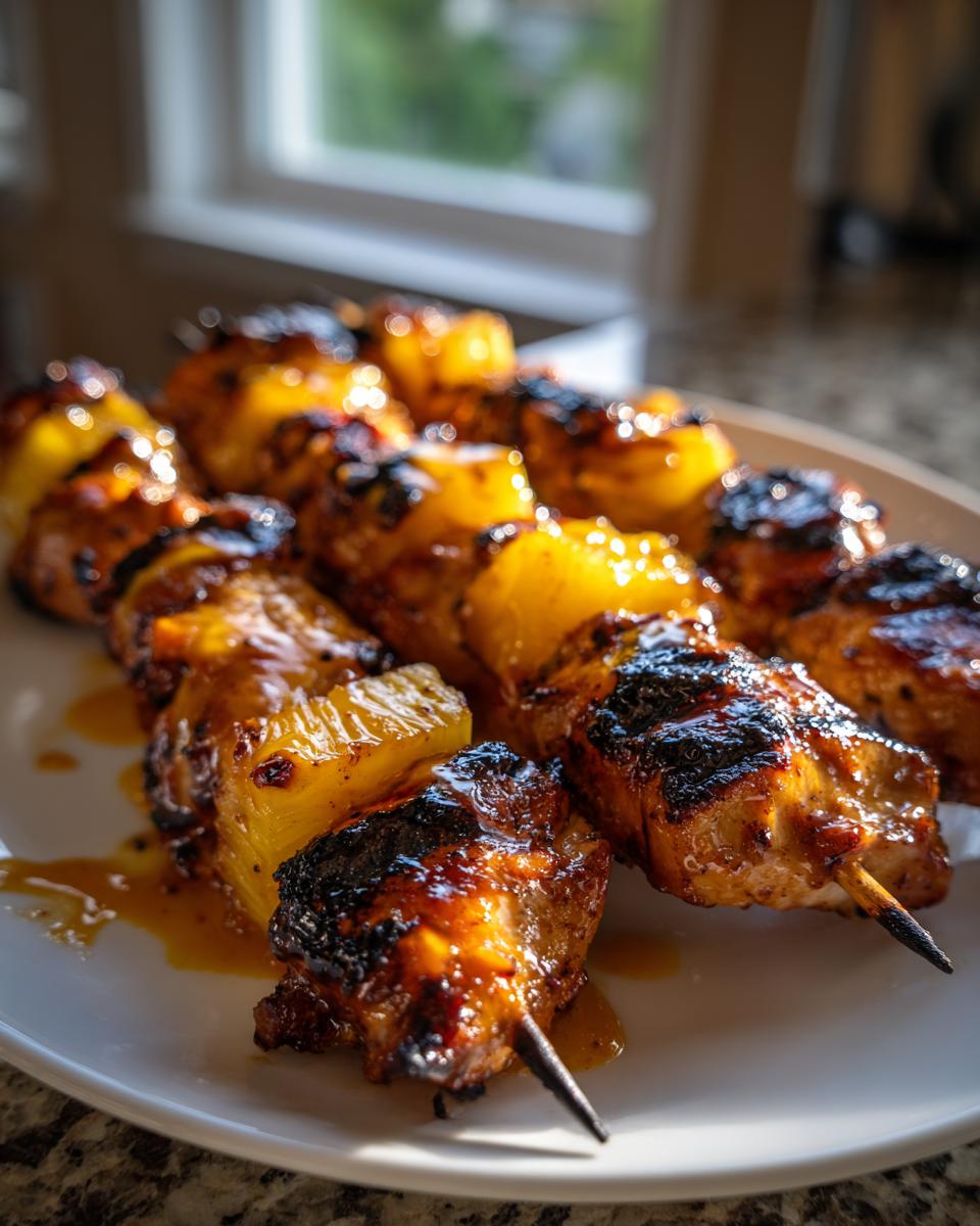 Close-up of grilled chipotle pineapple bang bang chicken skewers glistening with sauce on a white plate.