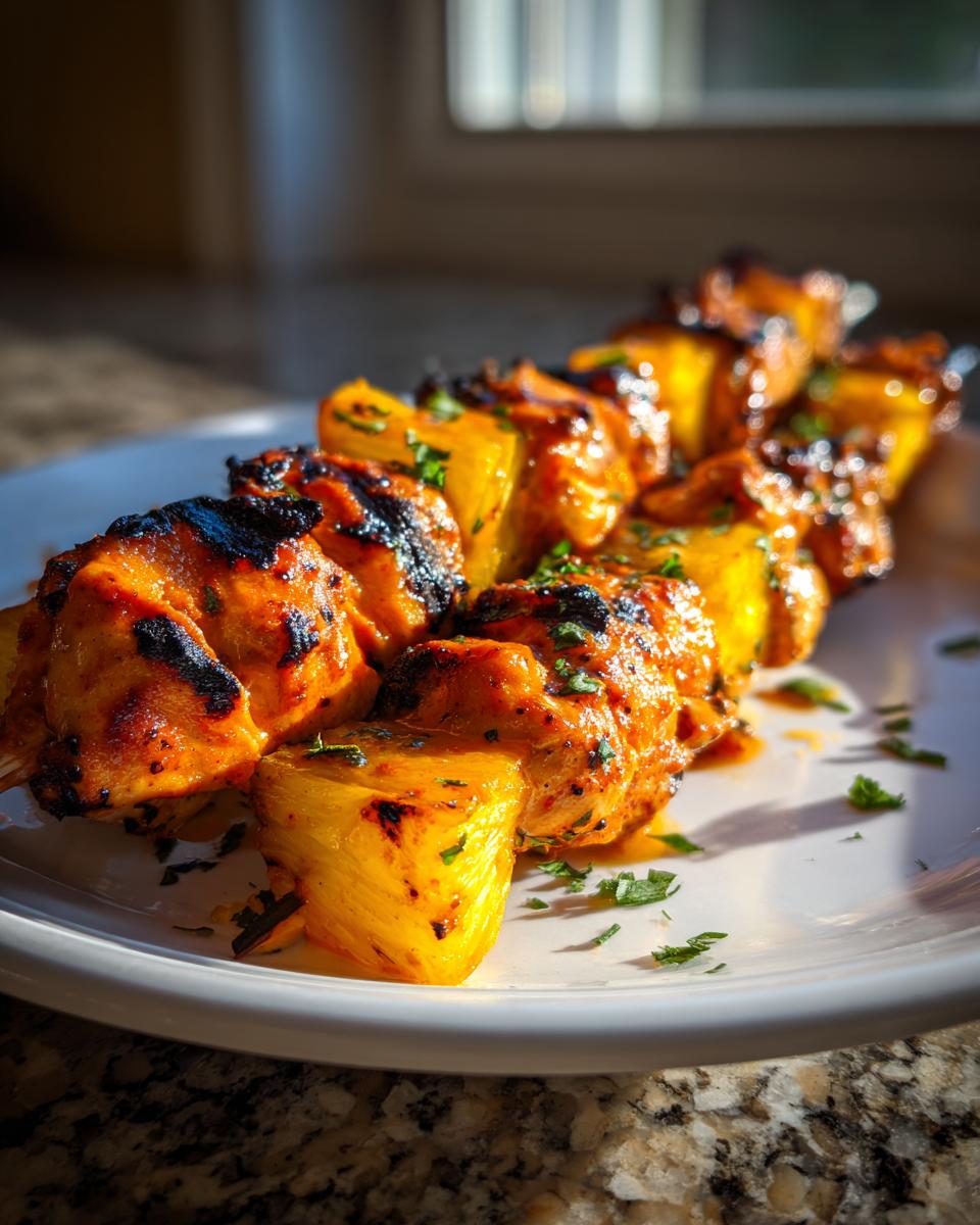 Close-up of grilled chipotle pineapple bang bang chicken skewers glistening with sauce and garnished with parsley.