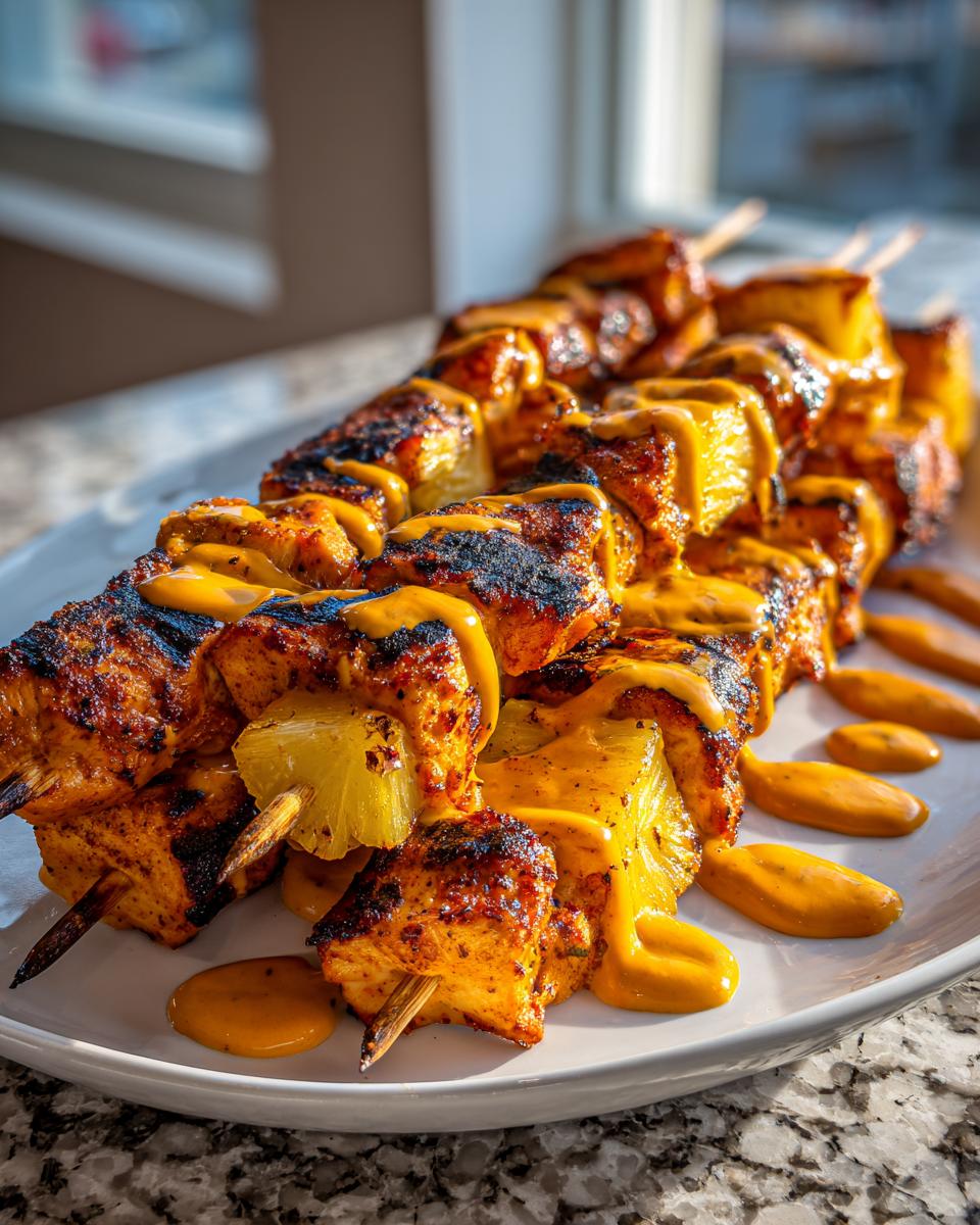 Grilled chipotle pineapple bang bang chicken skewers drizzled with a creamy orange sauce on a white platter.