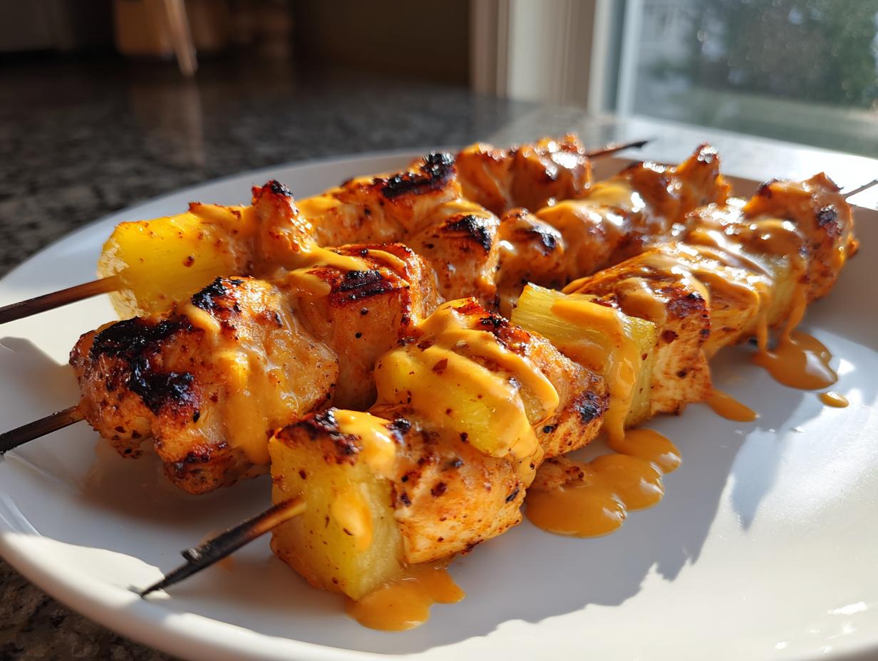 Three skewers of grilled chipotle pineapple bang bang chicken skewers drizzled with orange sauce on a white plate.