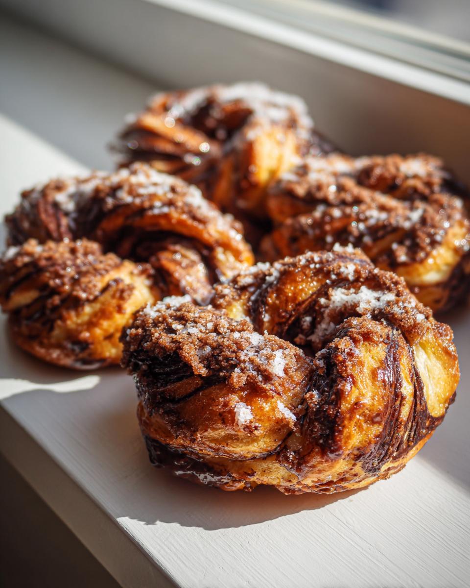 Several glossy chocolate cinnamon crunch knots topped with streusel and sugar sitting in sunlight.