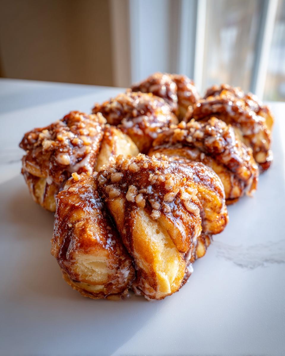 A cluster of freshly baked chocolate cinnamon crunch knots covered in sticky glaze and chopped nuts.