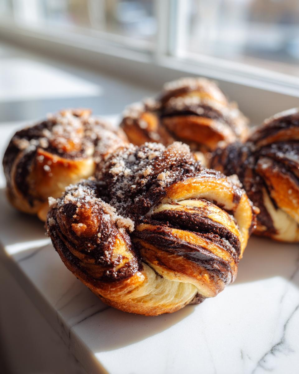 A close-up of freshly baked chocolate cinnamon crunch knots topped with sugar streusel, sitting on a white marble surface.