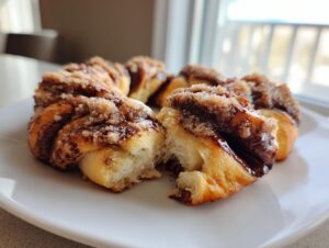 A close-up of freshly baked chocolate cinnamon crunch knots, one piece pulled apart to show the soft interior and sugary topping.