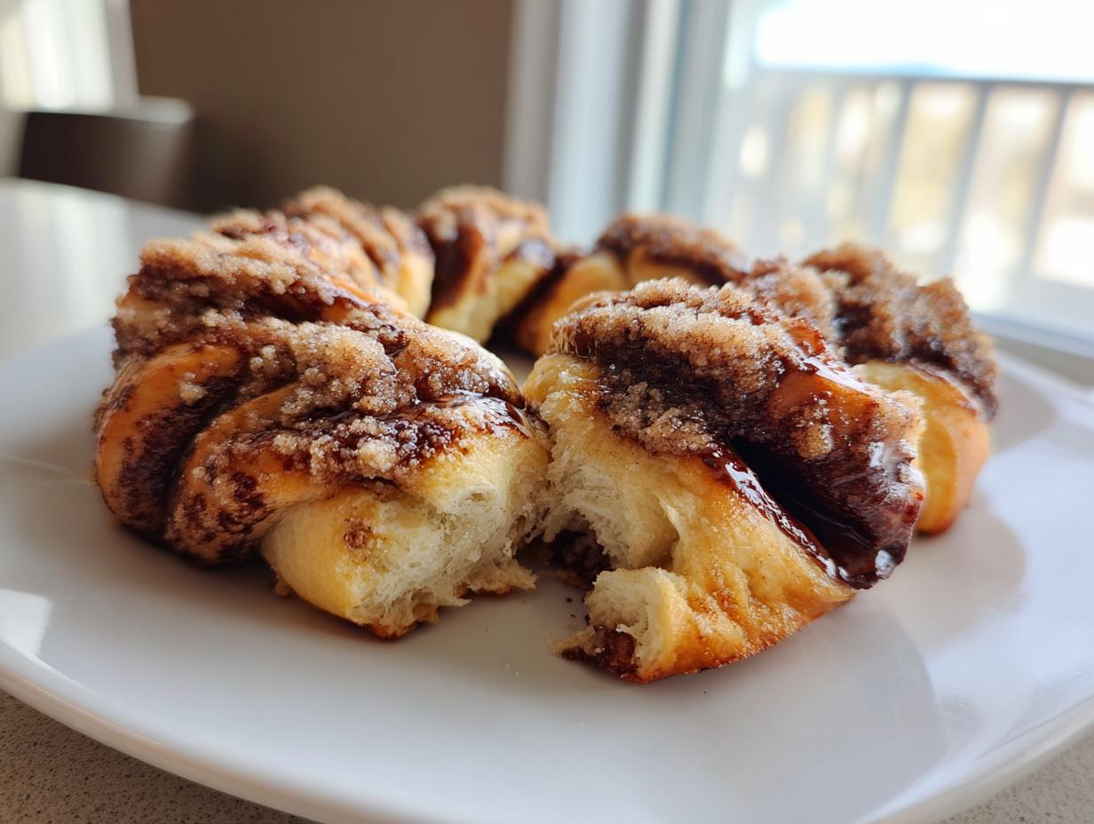 A close-up of freshly baked chocolate cinnamon crunch knots, one piece pulled apart to show the soft interior and sugary topping.