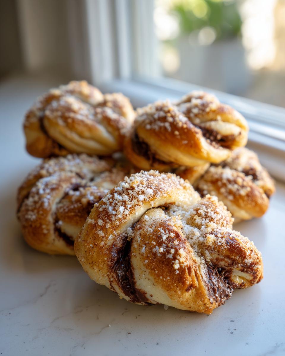 A stack of freshly baked chocolate cinnamon crunch knots topped with a sugary crumble, sitting near a bright window.