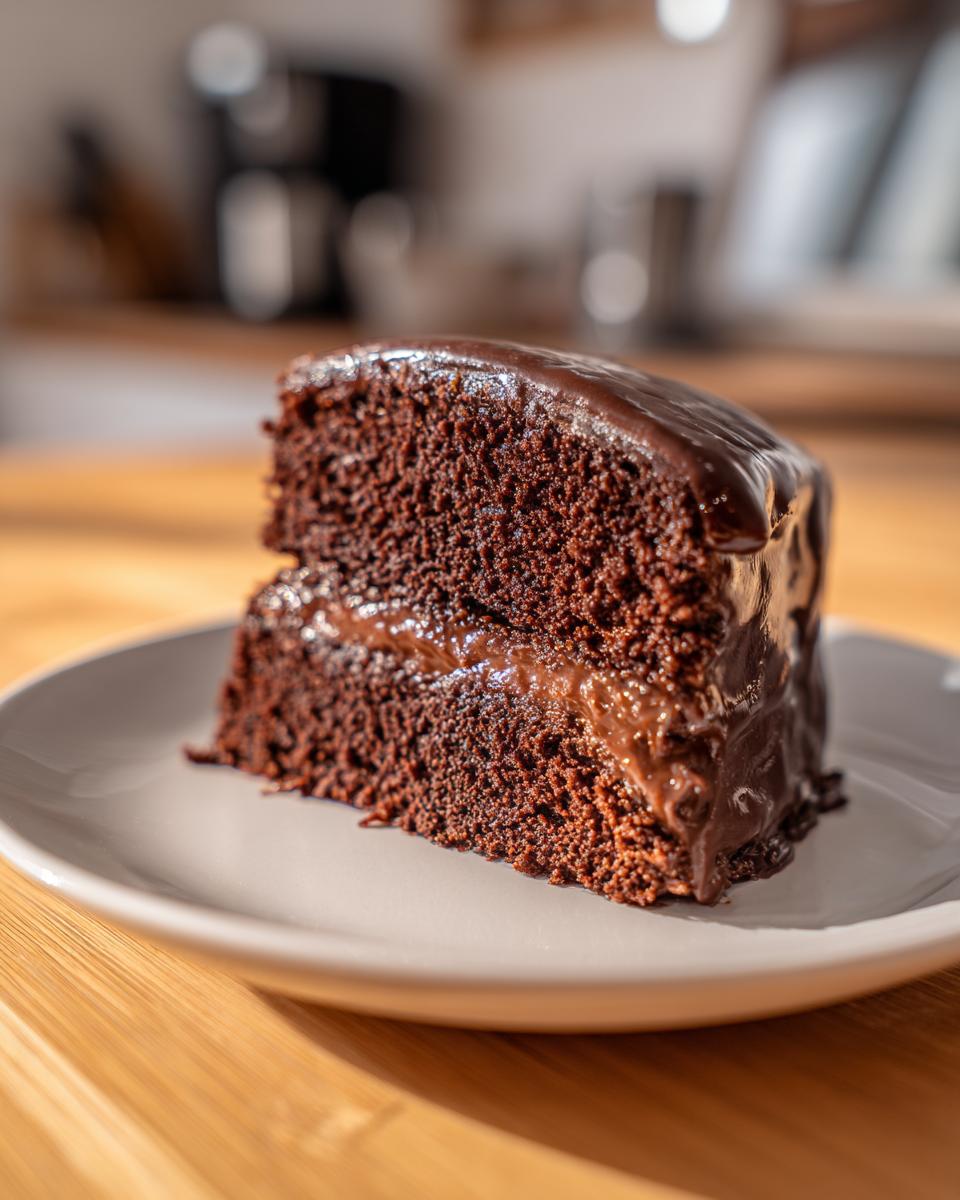 A close-up of a moist, dark chocolate cake slice featuring a thick chocolate ganache filling for cake.