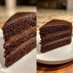 A decadent slice of dark chocolate cake featuring a smooth chocolate ganache filling for cake between the layers.