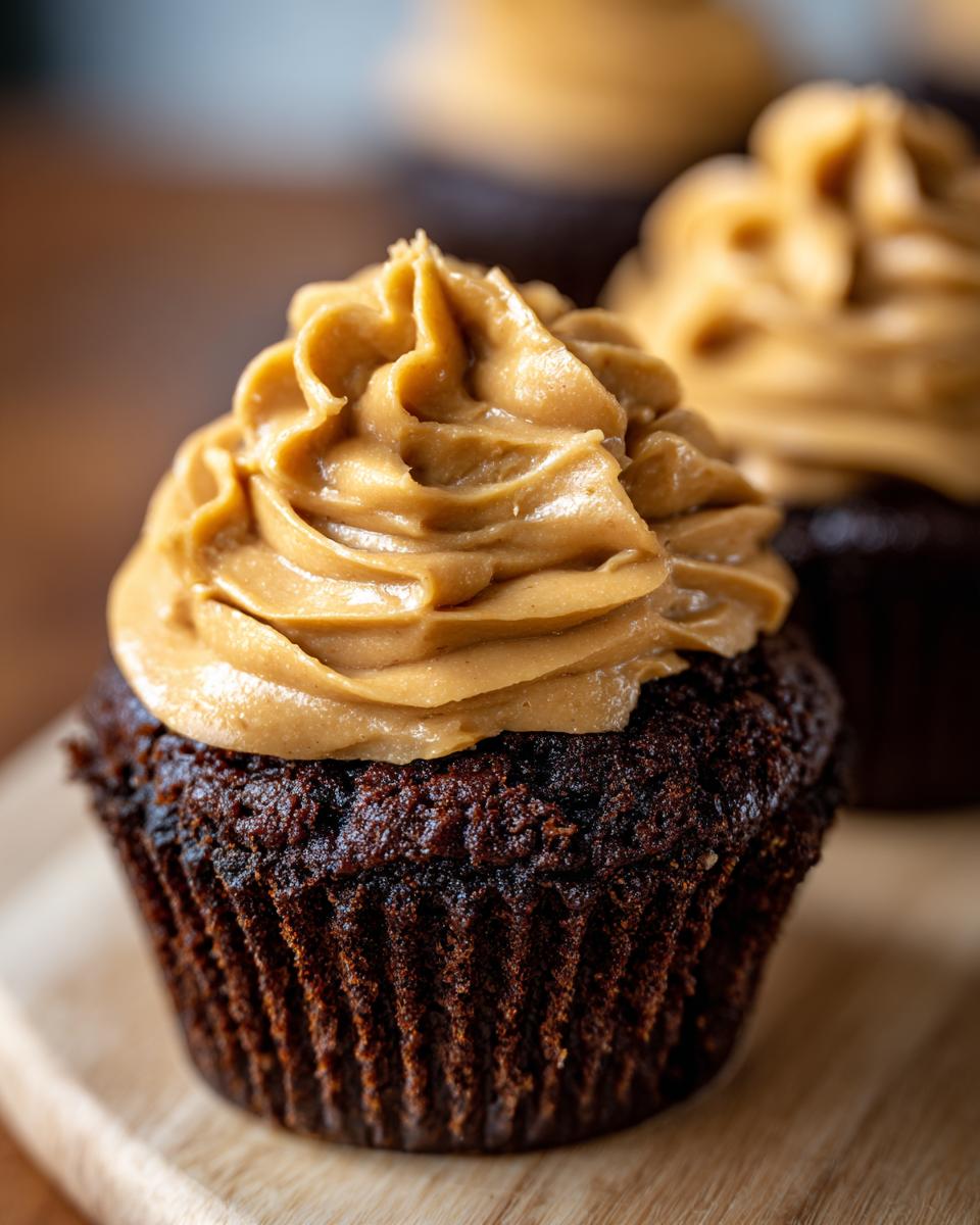 A close-up of a rich chocolate cupcake topped with a generous swirl of creamy peanut butter frosting, part of a batch of chocolate peanut butter cupcakes.
