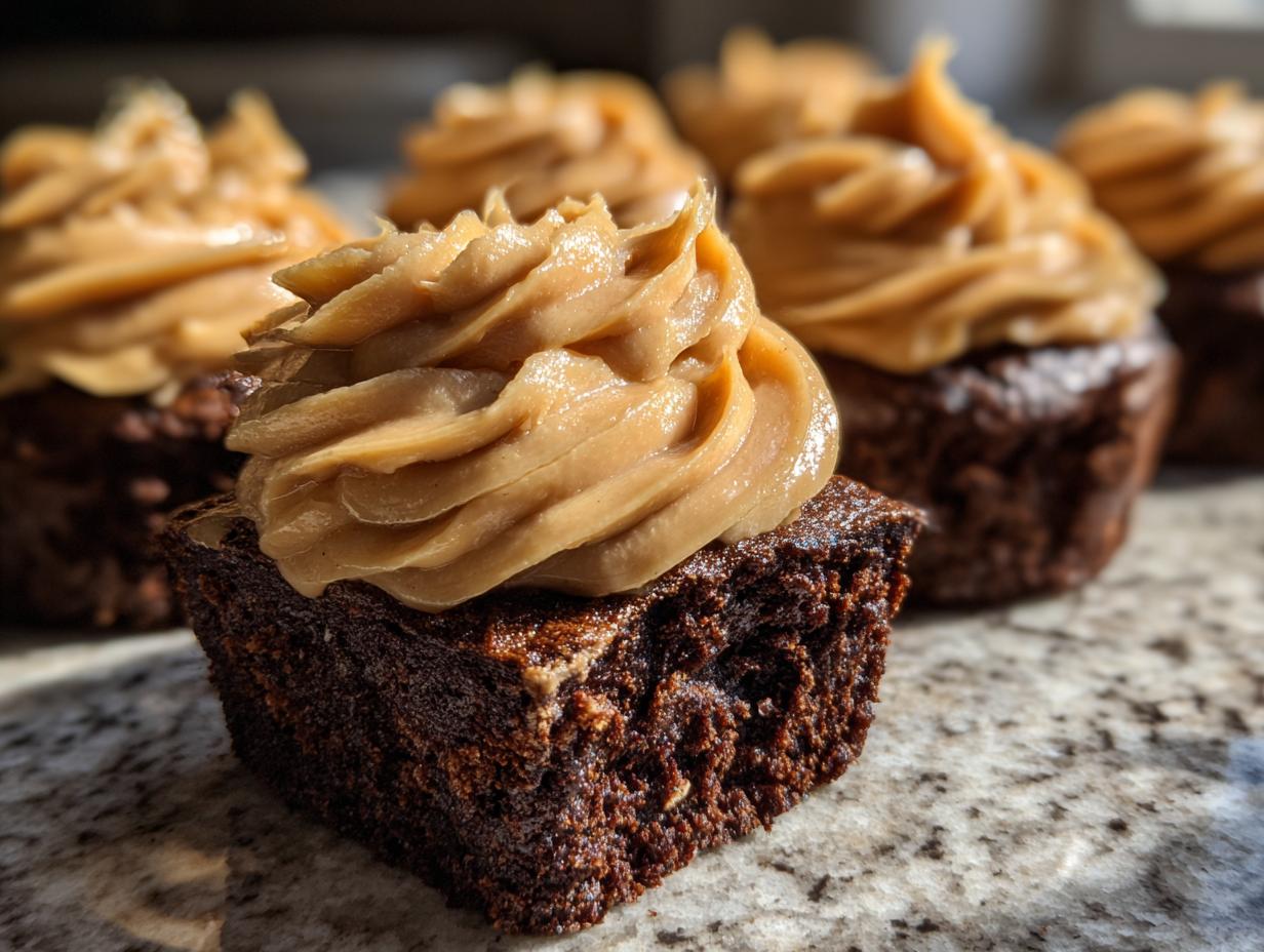 A close-up of one chocolate peanut butter cupcakes, showing the rich dark cake base and thick swirl of peanut butter frosting.