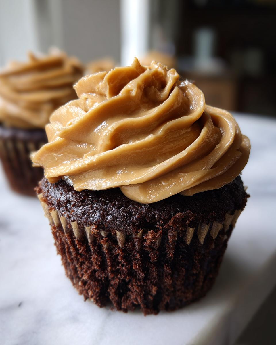 A close-up of a rich chocolate cupcake topped with perfectly swirled peanut butter frosting, key to making chocolate peanut butter cupcakes.