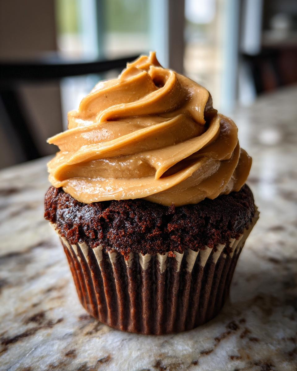 A close-up of a rich chocolate cupcake topped with a tall swirl of creamy peanut butter frosting.