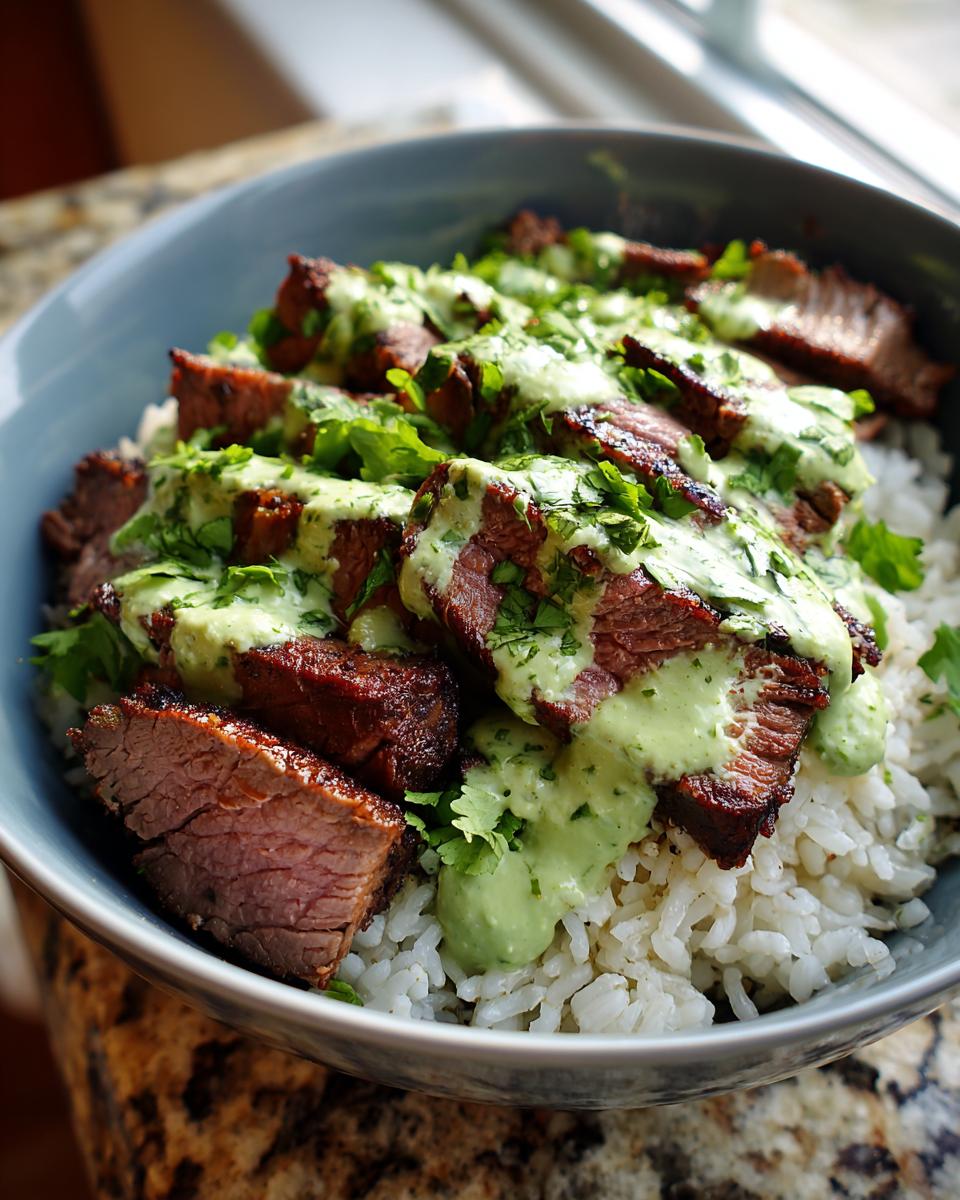 Close-up of perfectly cooked cilantro lime steak bowls featuring sliced steak over white rice, drizzled with a creamy green sauce.