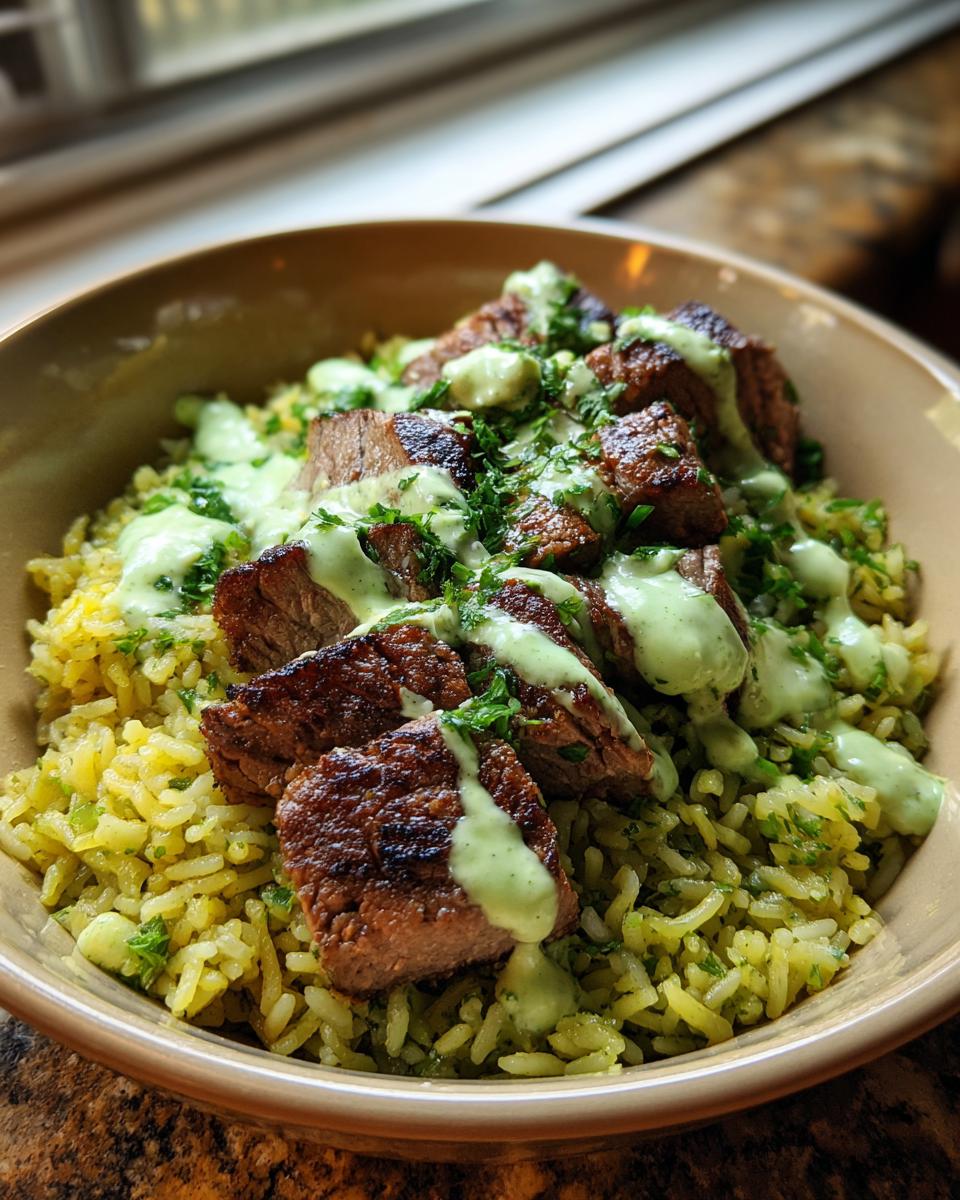 A close-up view of cilantro lime steak bowls featuring seasoned rice, grilled steak cubes, and a drizzle of creamy green sauce.