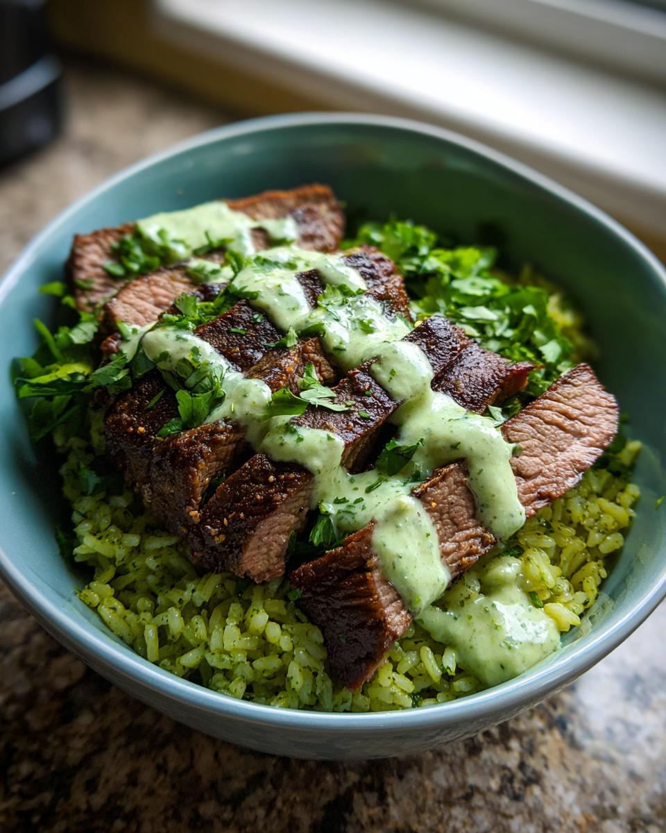 A close-up of sliced steak served over green rice, garnished with fresh cilantro and drizzled with a creamy sauce in a cilantro lime steak bowls preparation.