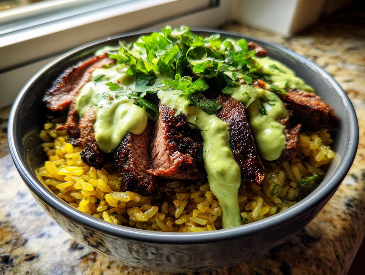 Close-up of sliced steak over yellow rice, topped with a creamy green sauce and fresh cilantro in a Cilantro Lime Steak Bowls serving.