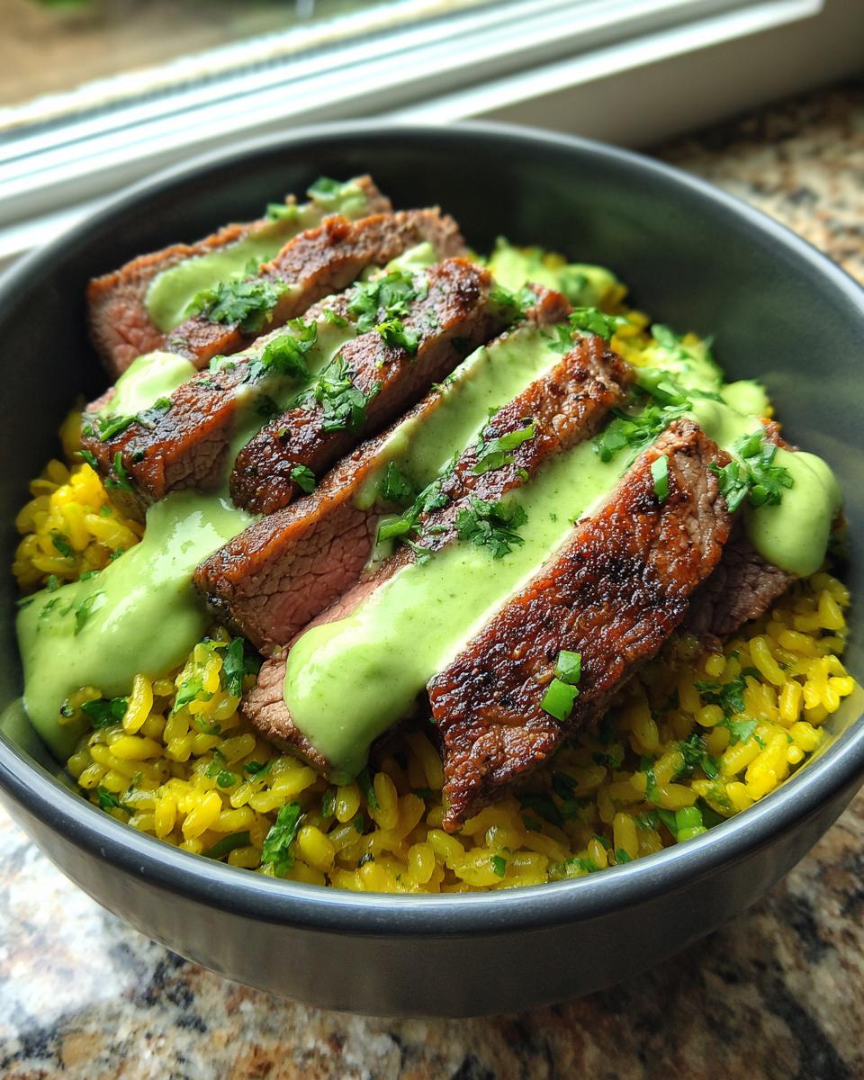 Close-up of sliced steak over yellow rice, drizzled with a bright green cilantro lime sauce in a dark bowl.