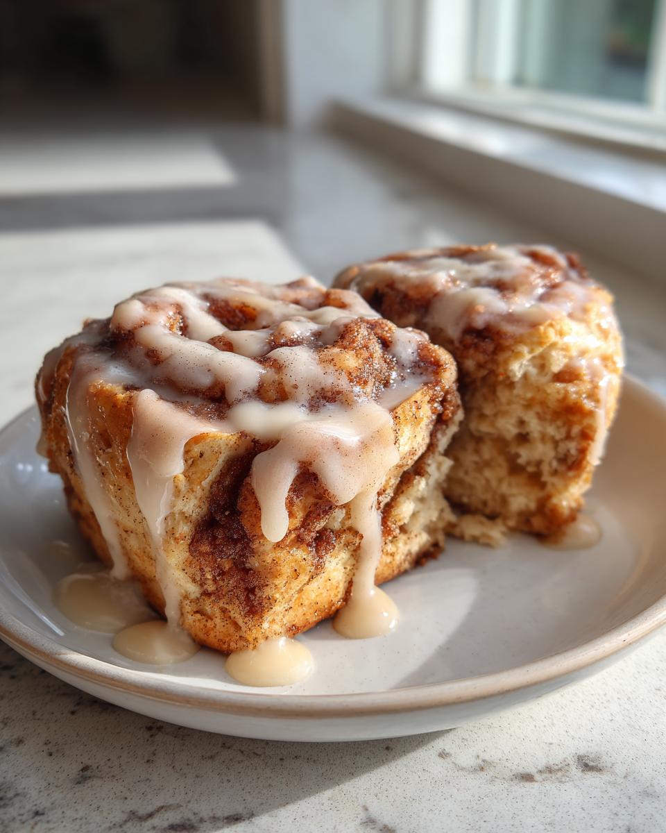 Two freshly baked cinnamon bun scones drizzled heavily with vanilla glaze, sitting on a light plate.
