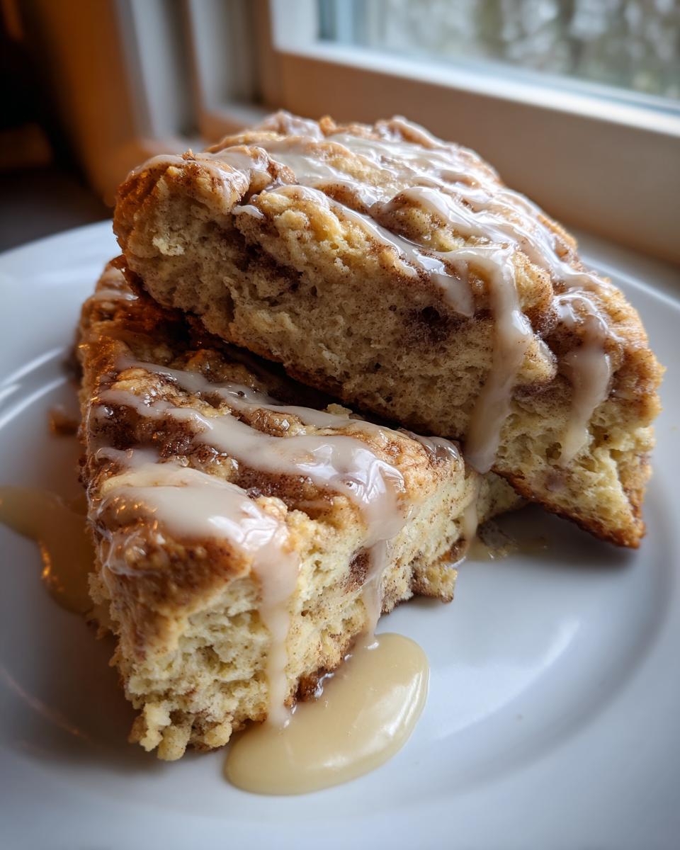 Two stacked, rich cinnamon bun scones drizzled heavily with a thick, creamy vanilla glaze.