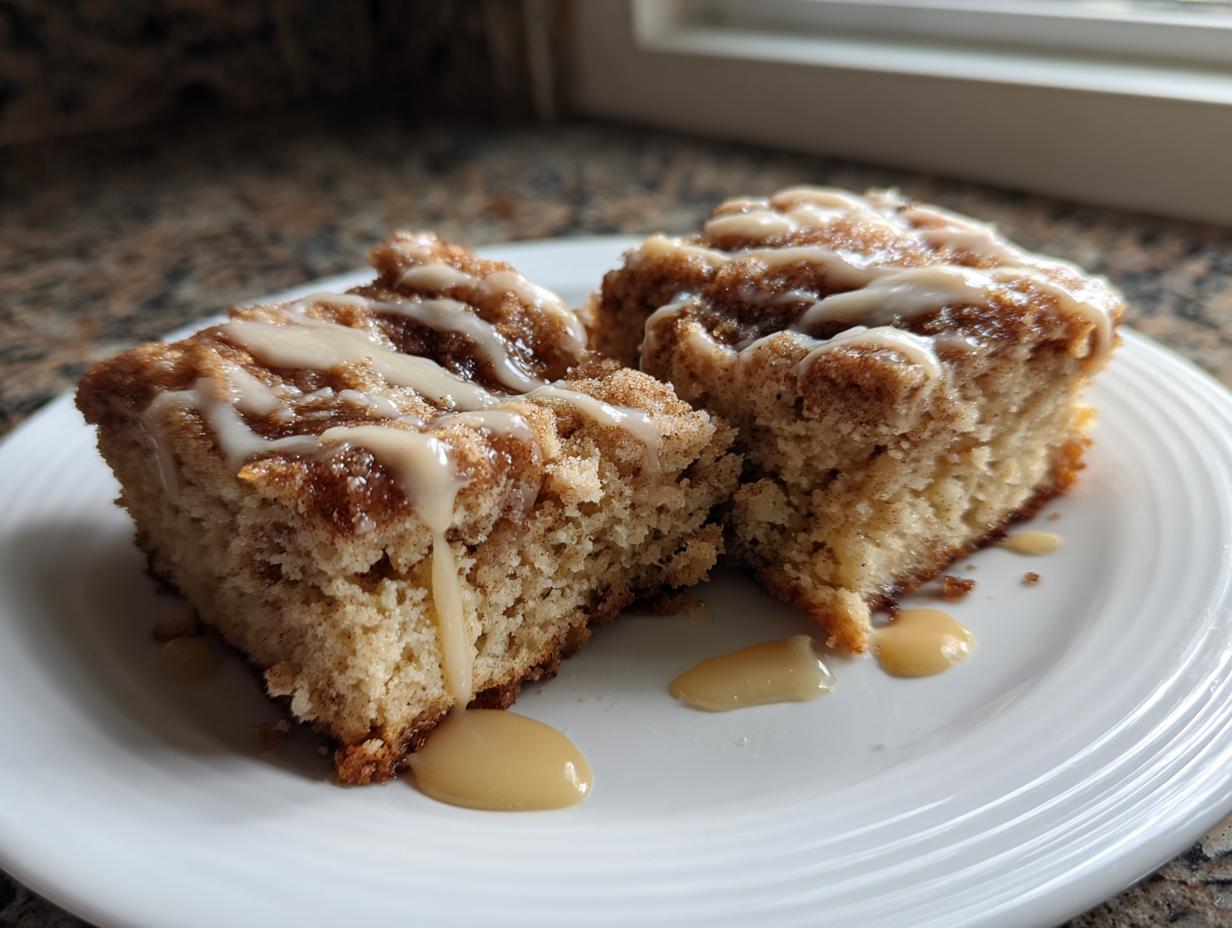 Two square slices of moist cinnamon bun scones topped with a thick vanilla glaze, served on a white plate.