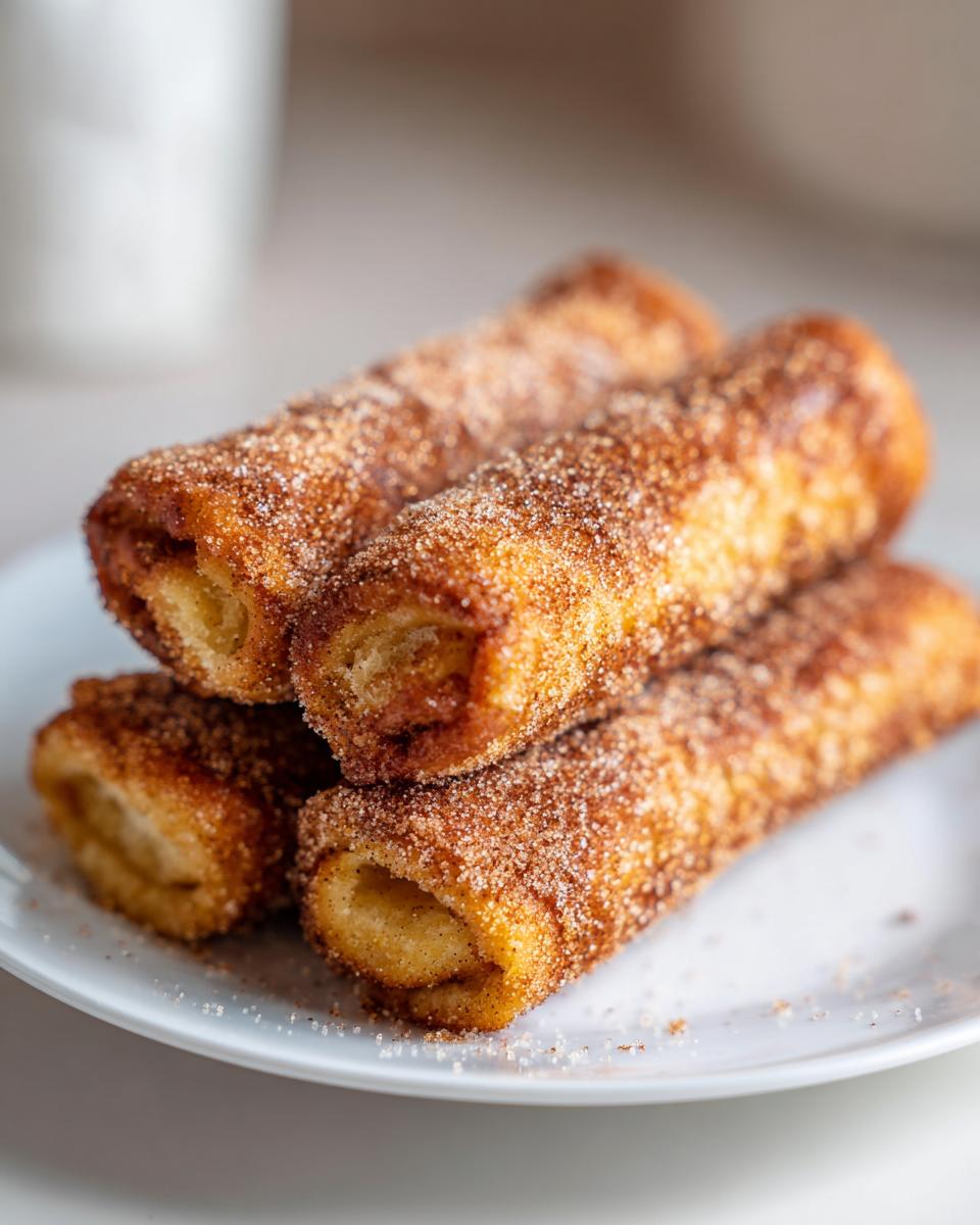 Four golden brown cinnamon french toast roll ups stacked on a white plate, heavily coated in cinnamon sugar.