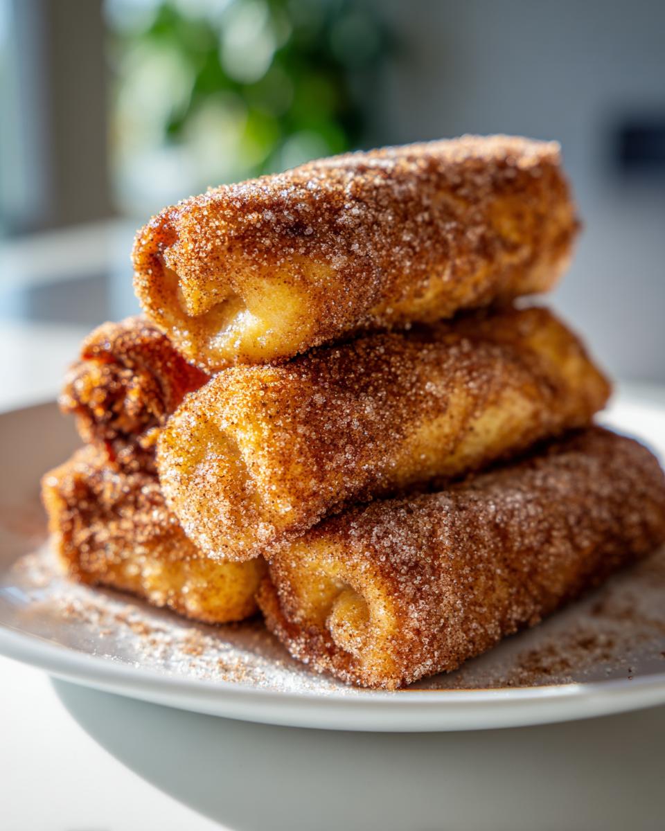 A stack of four golden brown cinnamon french toast roll ups heavily coated in cinnamon sugar, served on a white plate.