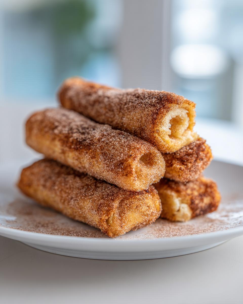 A stack of four delicious cinnamon french toast roll ups heavily coated in cinnamon sugar, resting on a white plate.