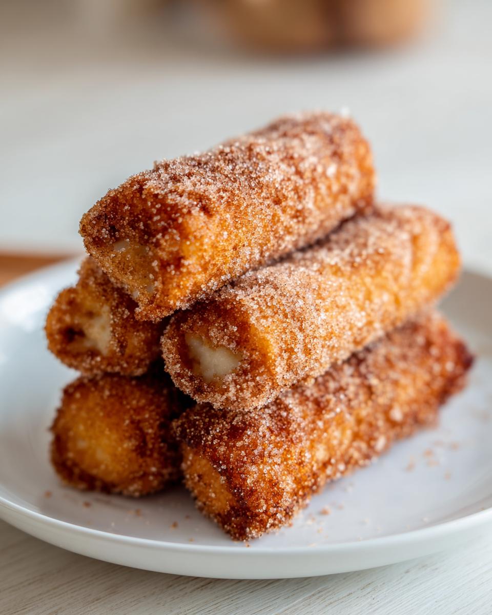 A stack of golden brown cinnamon french toast roll ups generously coated in cinnamon sugar on a white plate.