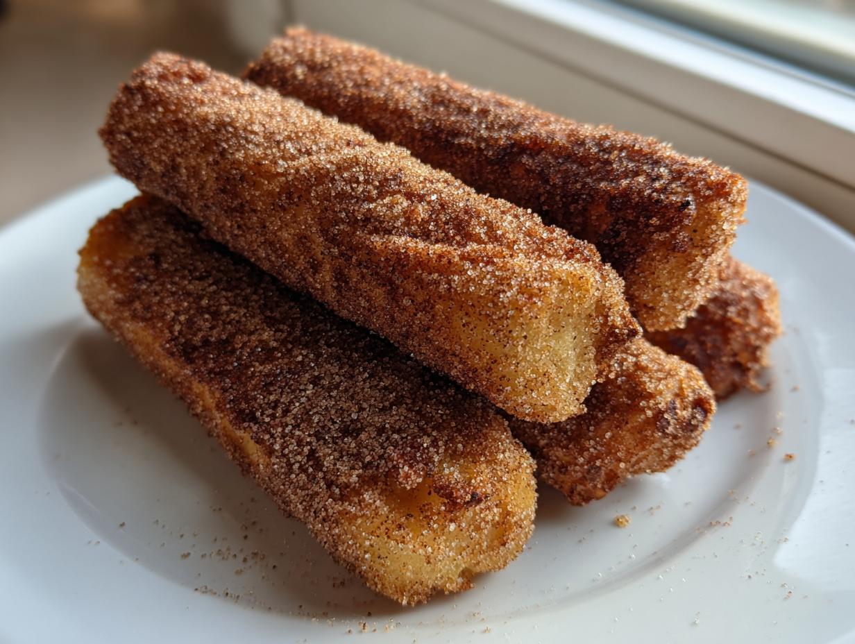 A stack of golden brown cinnamon french toast roll ups heavily coated in cinnamon sugar, resting on a white plate.