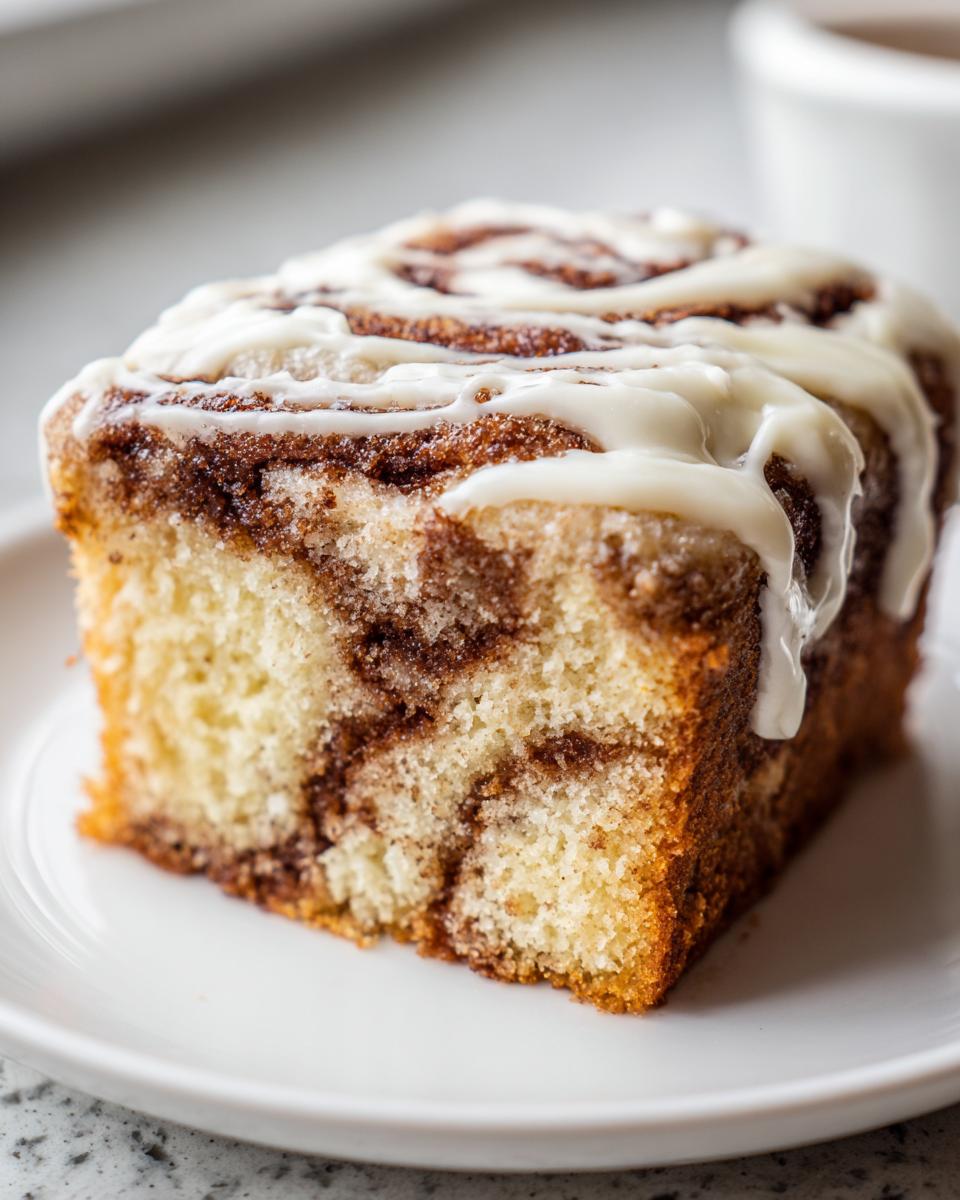 Close-up of a square slice of cinnamon roll cake recipe showing a marbled cinnamon swirl and thick white icing drizzle.