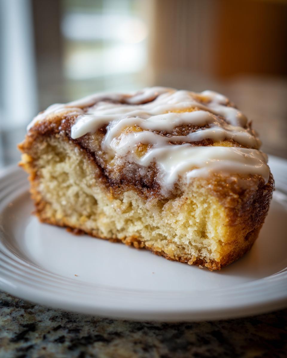 Close-up of a moist slice of cinnamon roll cake recipe topped with white cream cheese glaze.