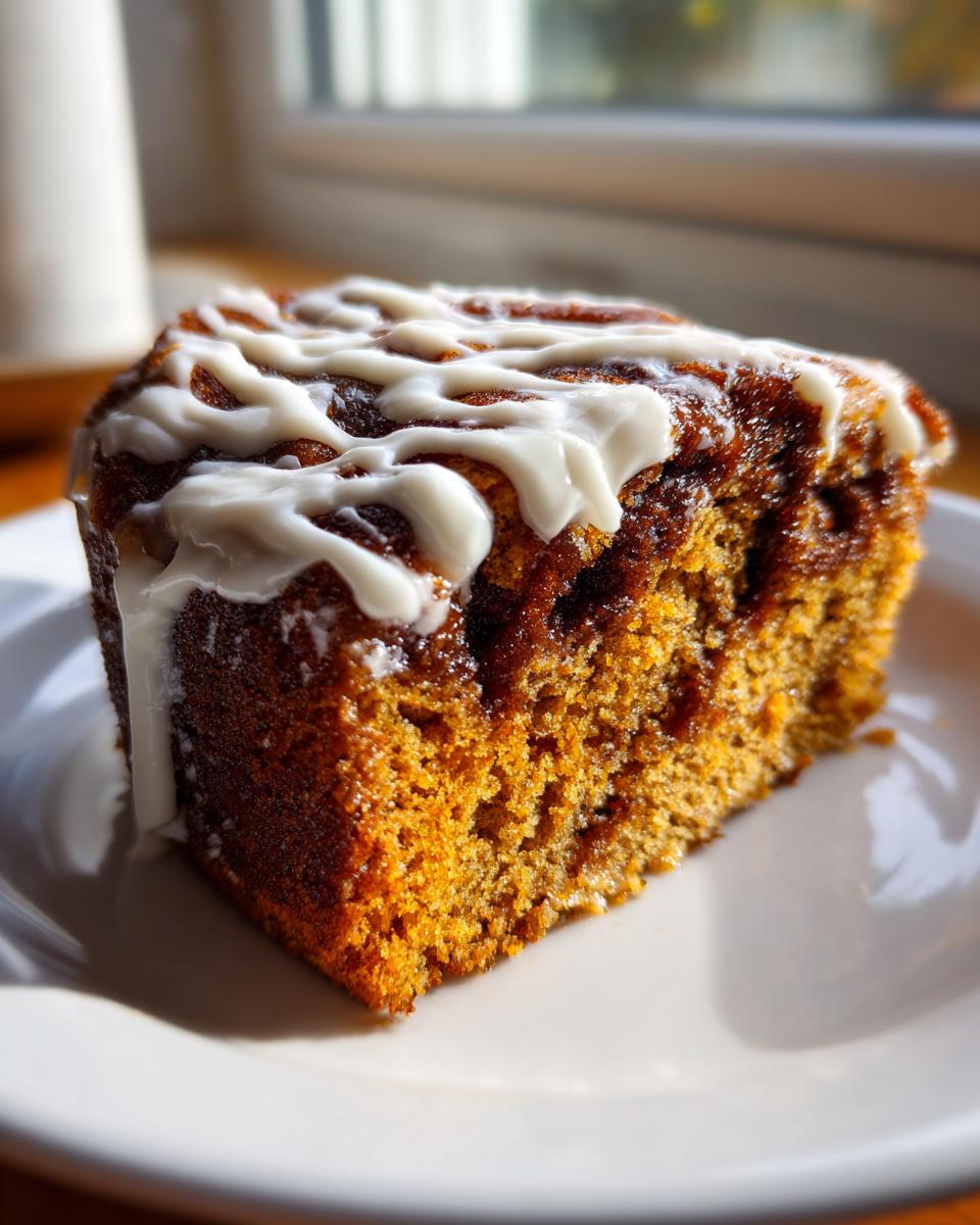 Close-up of a moist slice of cinnamon roll cake recipe topped with a thick white cream cheese glaze.
