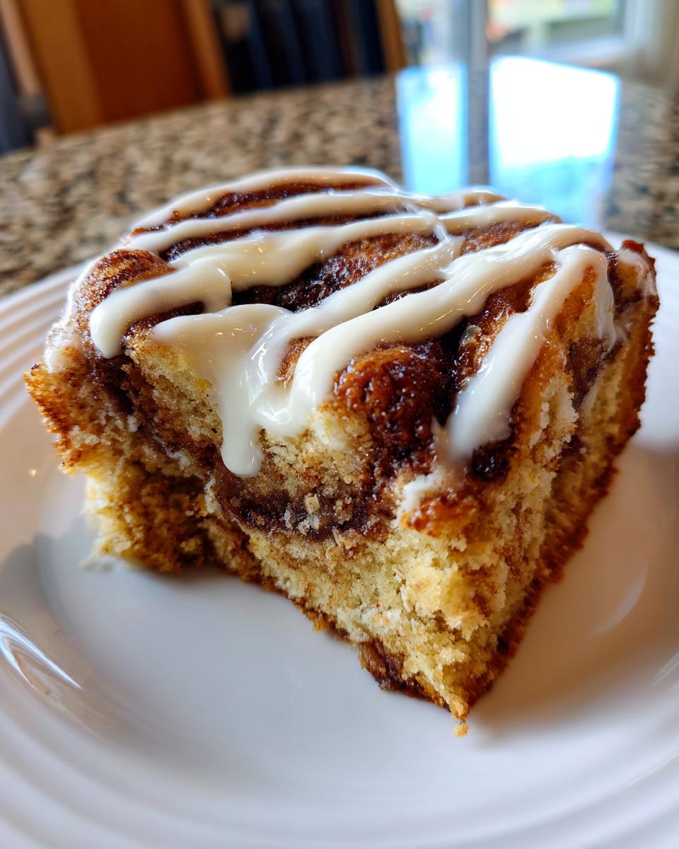 Close-up of a moist slice of cinnamon roll cake recipe topped with thick white icing drizzle.