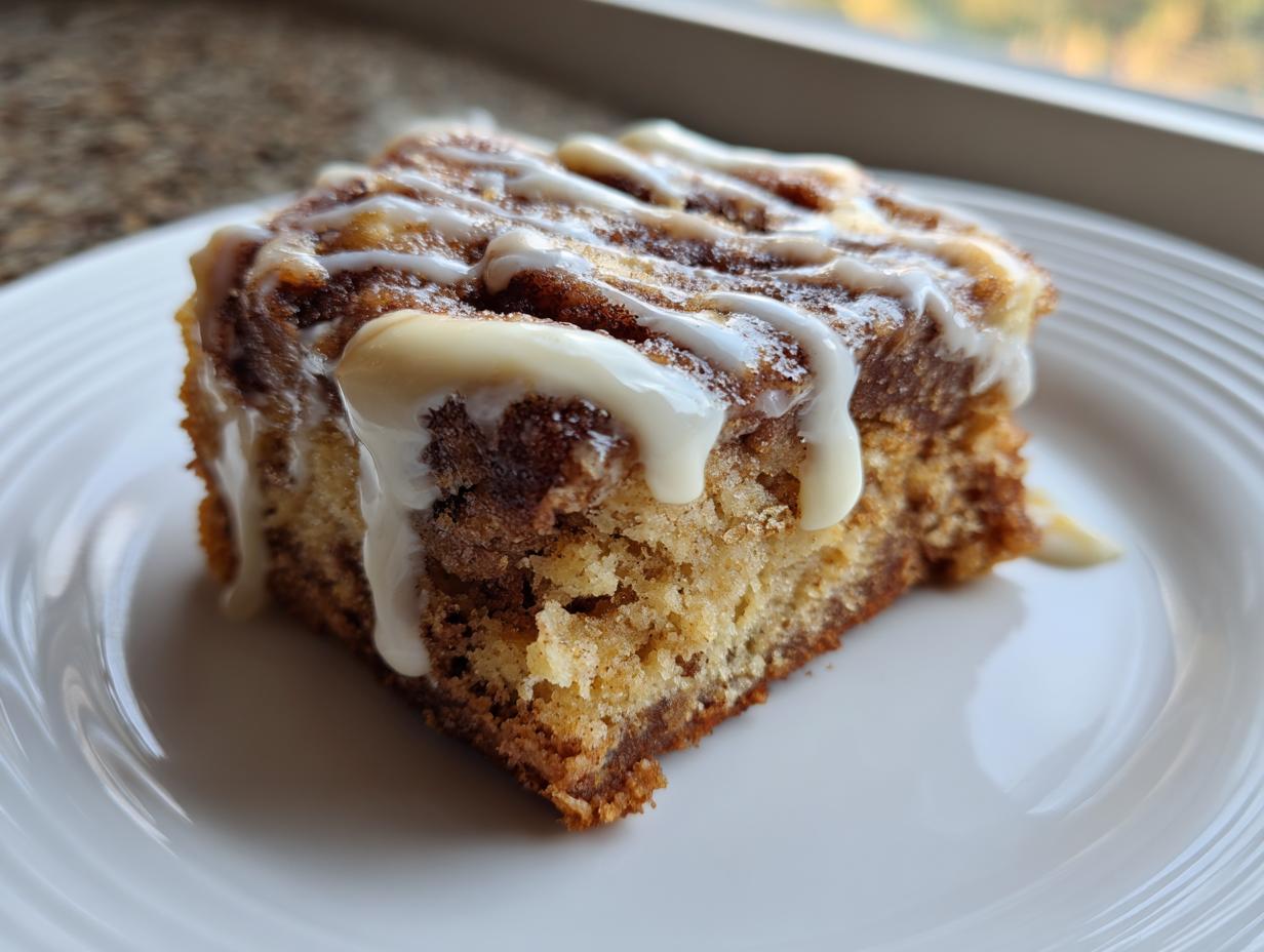 A square slice of moist cinnamon roll cake topped with thick white icing drizzle.