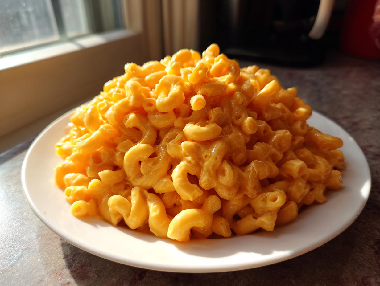 A generous serving of classic creamy mac and cheese, featuring elbow macaroni coated in bright orange cheese sauce, served on a white plate.