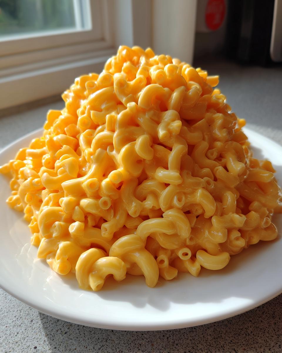 A large mound of vibrant yellow, saucy classic creamy mac and cheese served on a white plate.