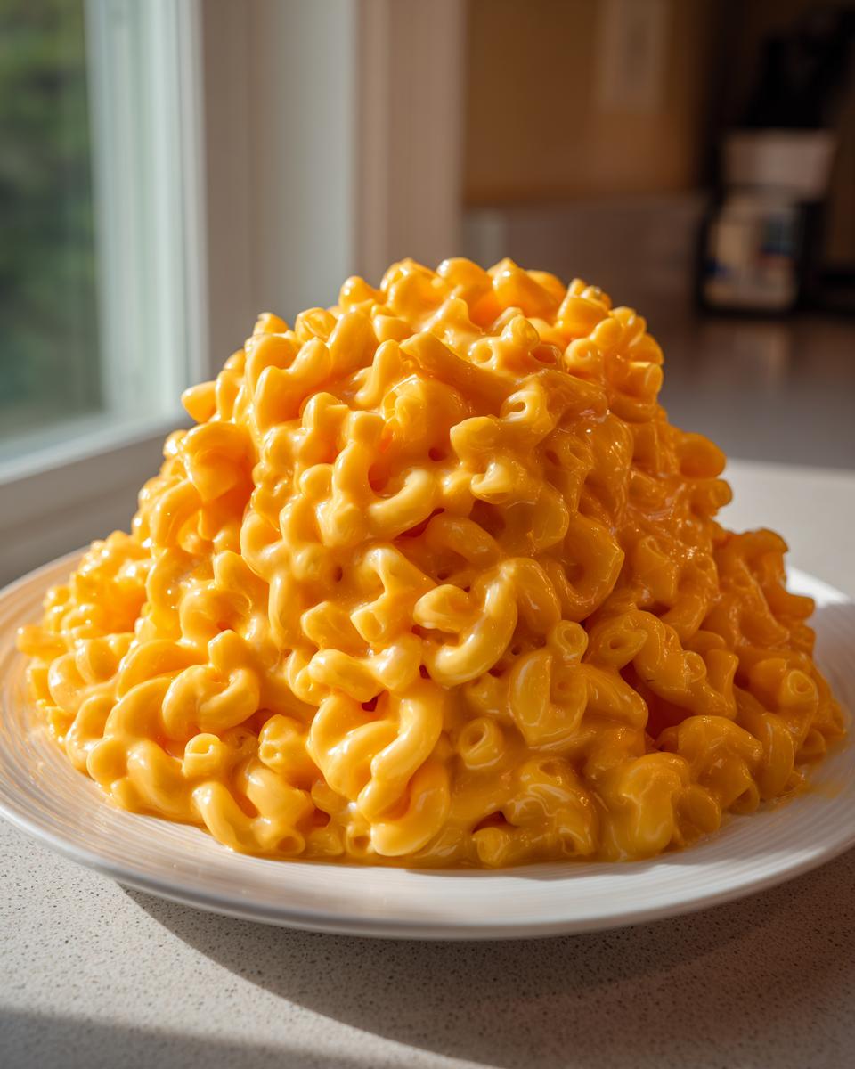 A massive, towering mound of bright orange classic creamy mac and cheese made with elbow macaroni, served on a white plate.