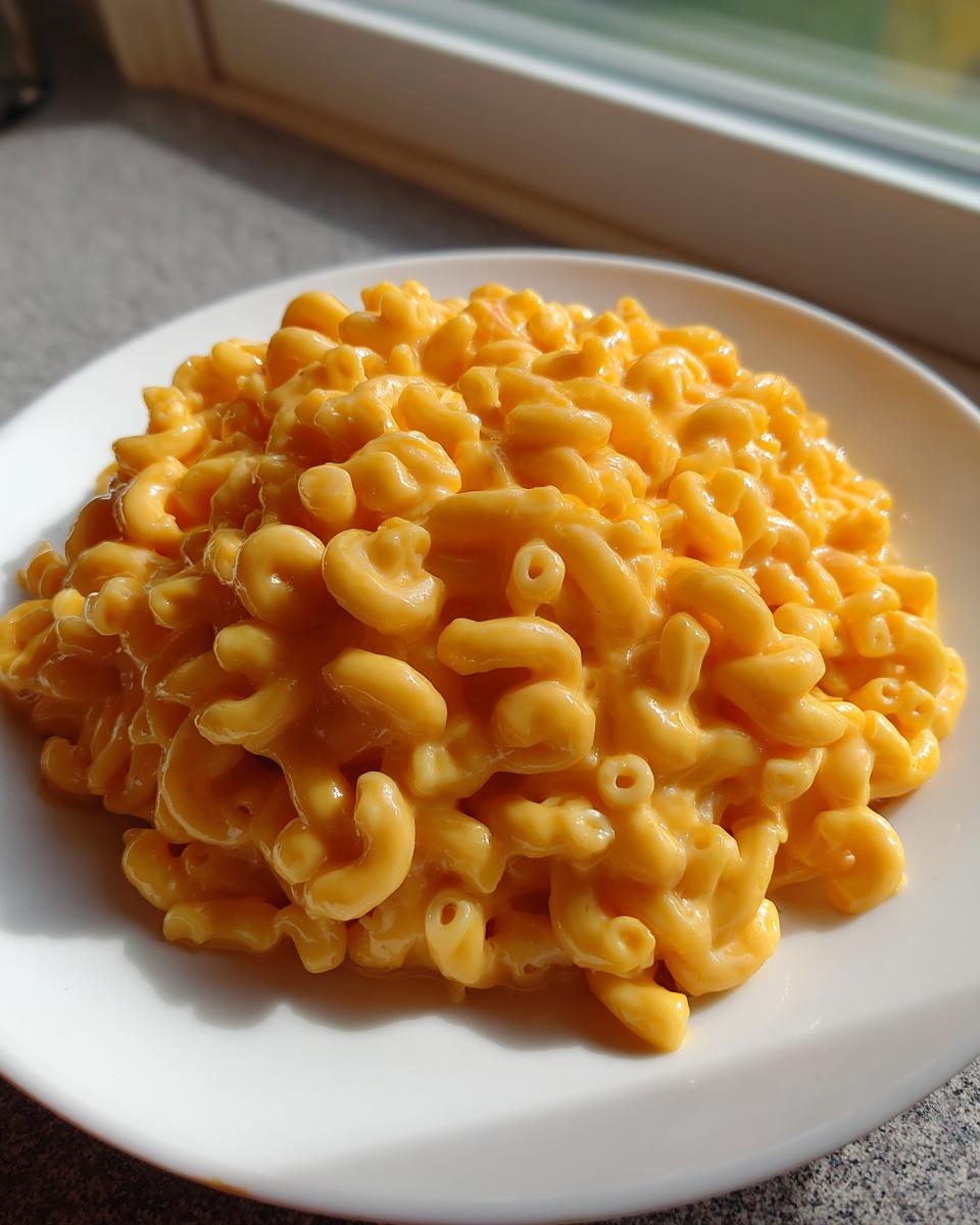 A generous serving of bright orange classic creamy mac and cheese made with elbow macaroni on a white plate.