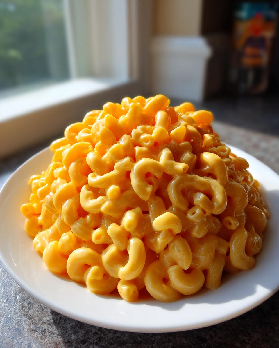 A large mound of bright orange classic creamy mac and cheese served on a white plate.