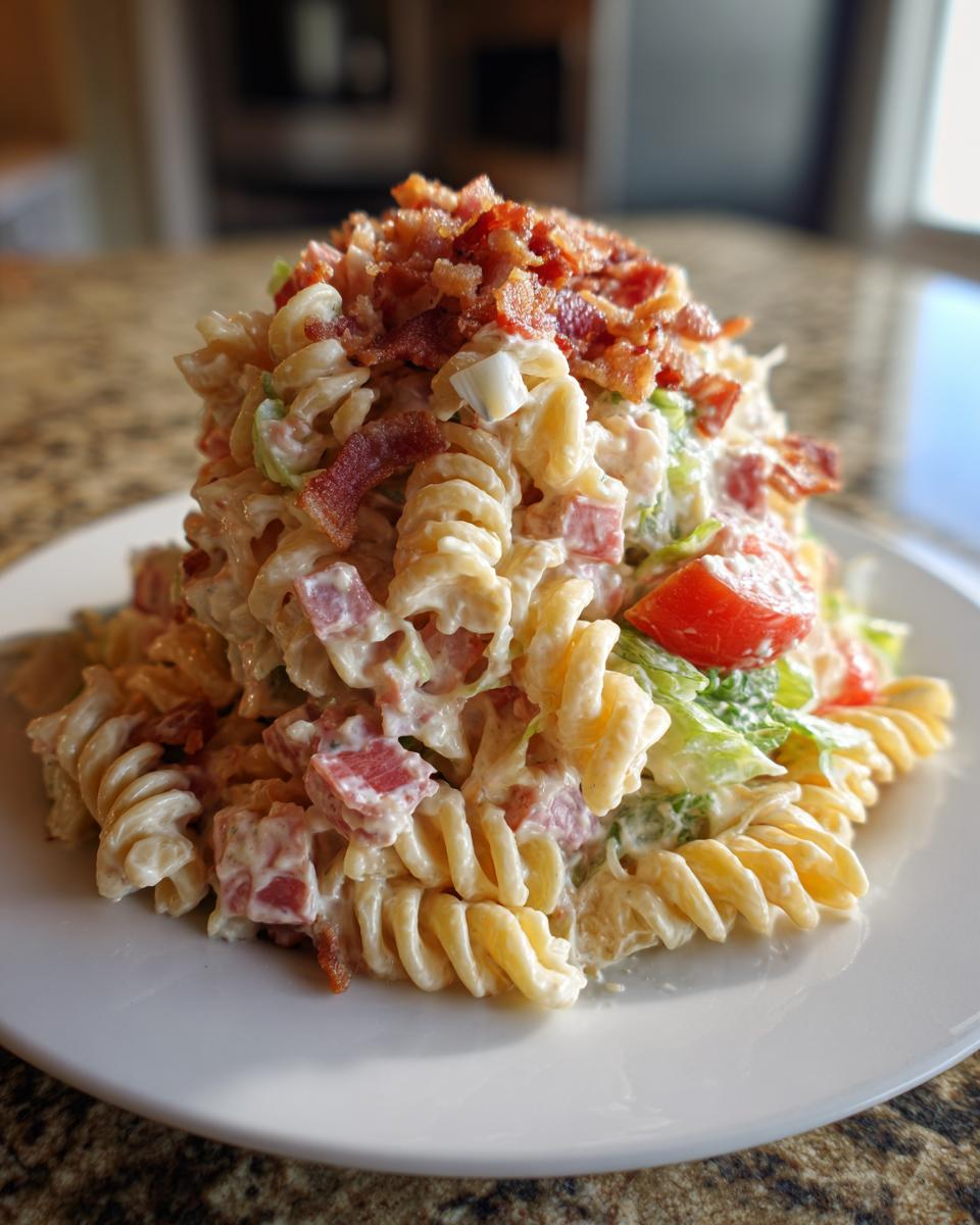 A generous serving of creamy club sandwich pasta salad featuring rotini pasta, diced ham, lettuce, tomato, and topped with crispy bacon bits.