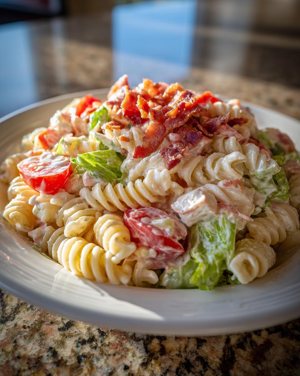 Close-up of a bowl of club sandwich pasta salad featuring rotini pasta, tomatoes, lettuce, and crispy bacon crumbles on top.