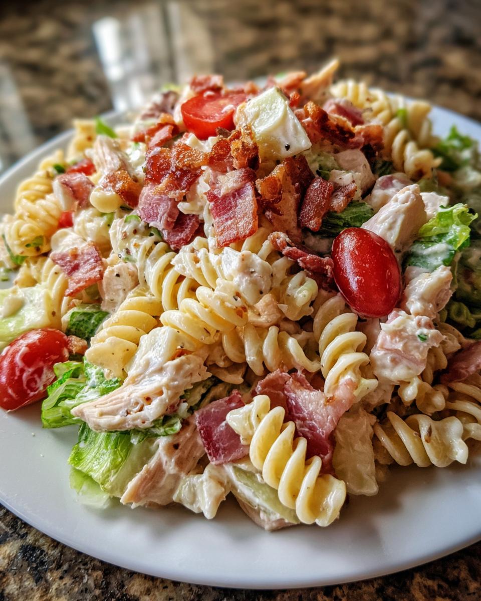 A close-up of a serving of club sandwich pasta salad featuring rotini pasta, chicken, bacon, lettuce, and tomatoes in a creamy dressing.