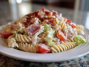 A close-up of a creamy club sandwich pasta salad featuring rotini pasta, ham, lettuce, cherry tomatoes, and crispy bacon topping.