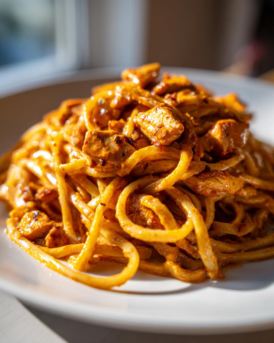 A close-up shot of a mound of creamy cowboy butter chicken linguine, featuring thick pasta coated in an orange sauce with chunks of seasoned chicken.