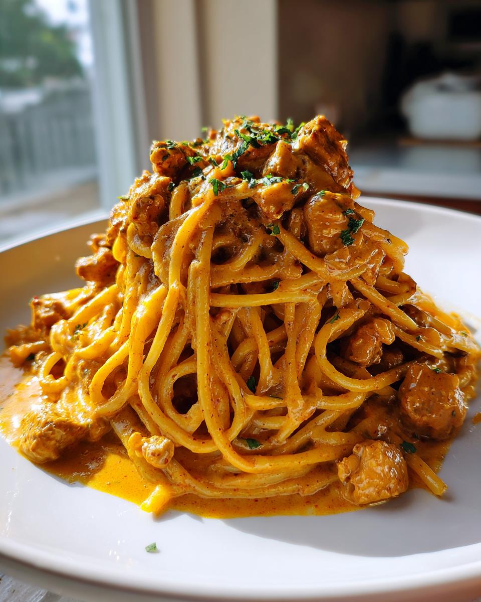 A tall mound of cowboy butter chicken linguine coated in a creamy orange sauce, garnished with parsley.