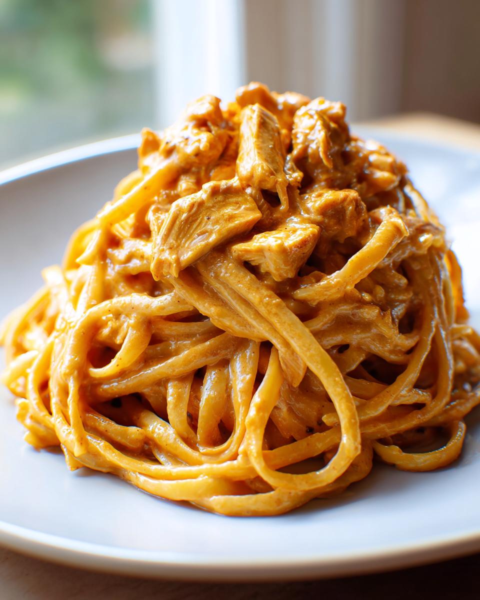A close-up of a generous serving of cowboy butter chicken linguine piled high on a white plate.