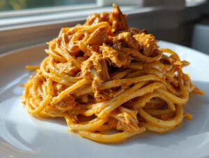 A close-up of a mound of cowboy butter chicken linguine coated in a rich, orange sauce on a white plate.