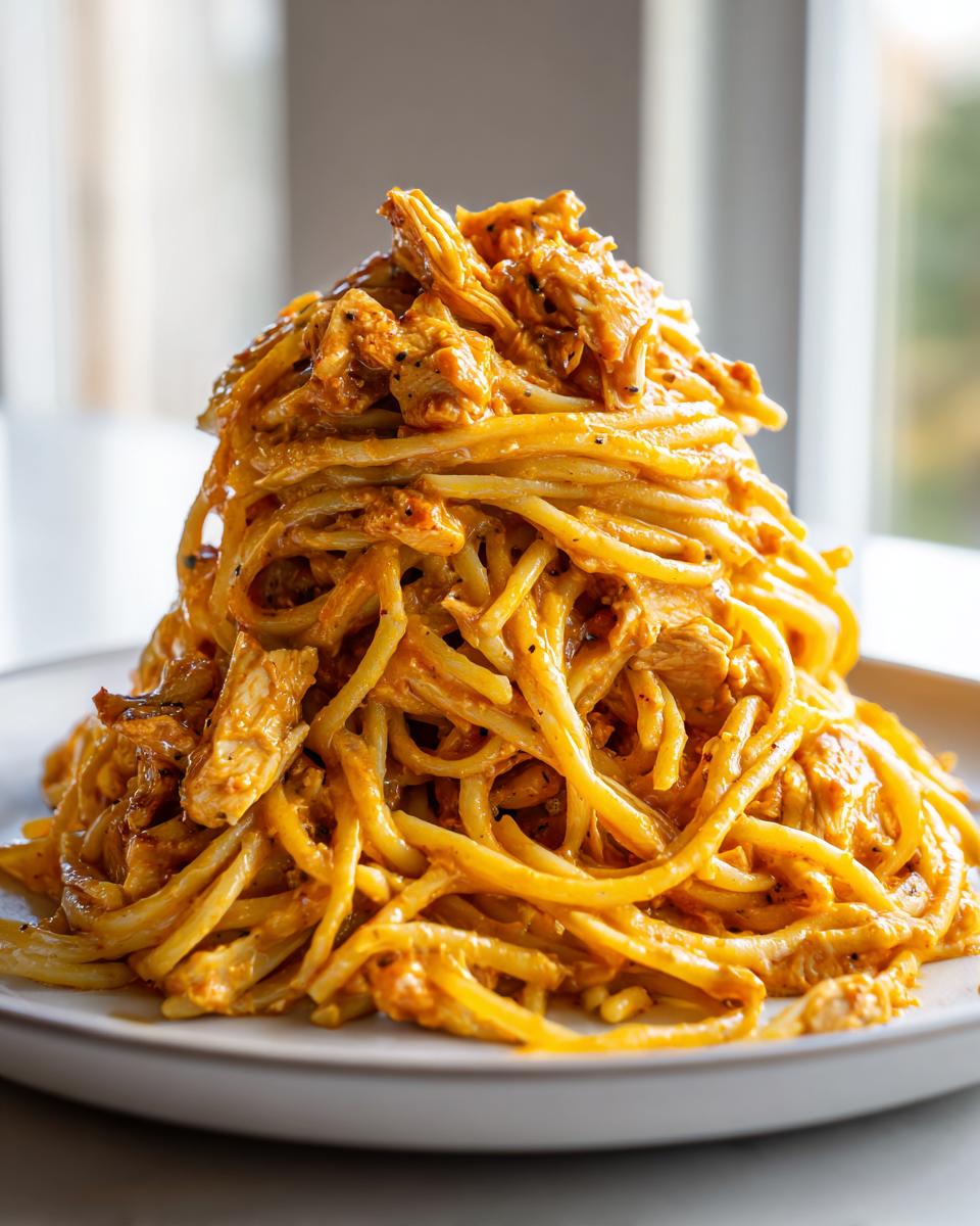 A tall mound of creamy, orange-sauced cowboy butter chicken linguine piled high on a white plate.
