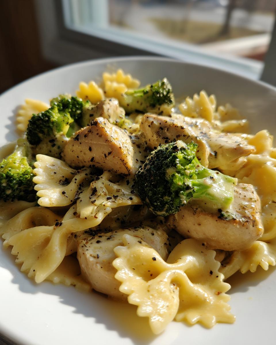 A close-up of cowboy butter lemon bowtie chicken with broccoli coated in a creamy sauce and herbs.
